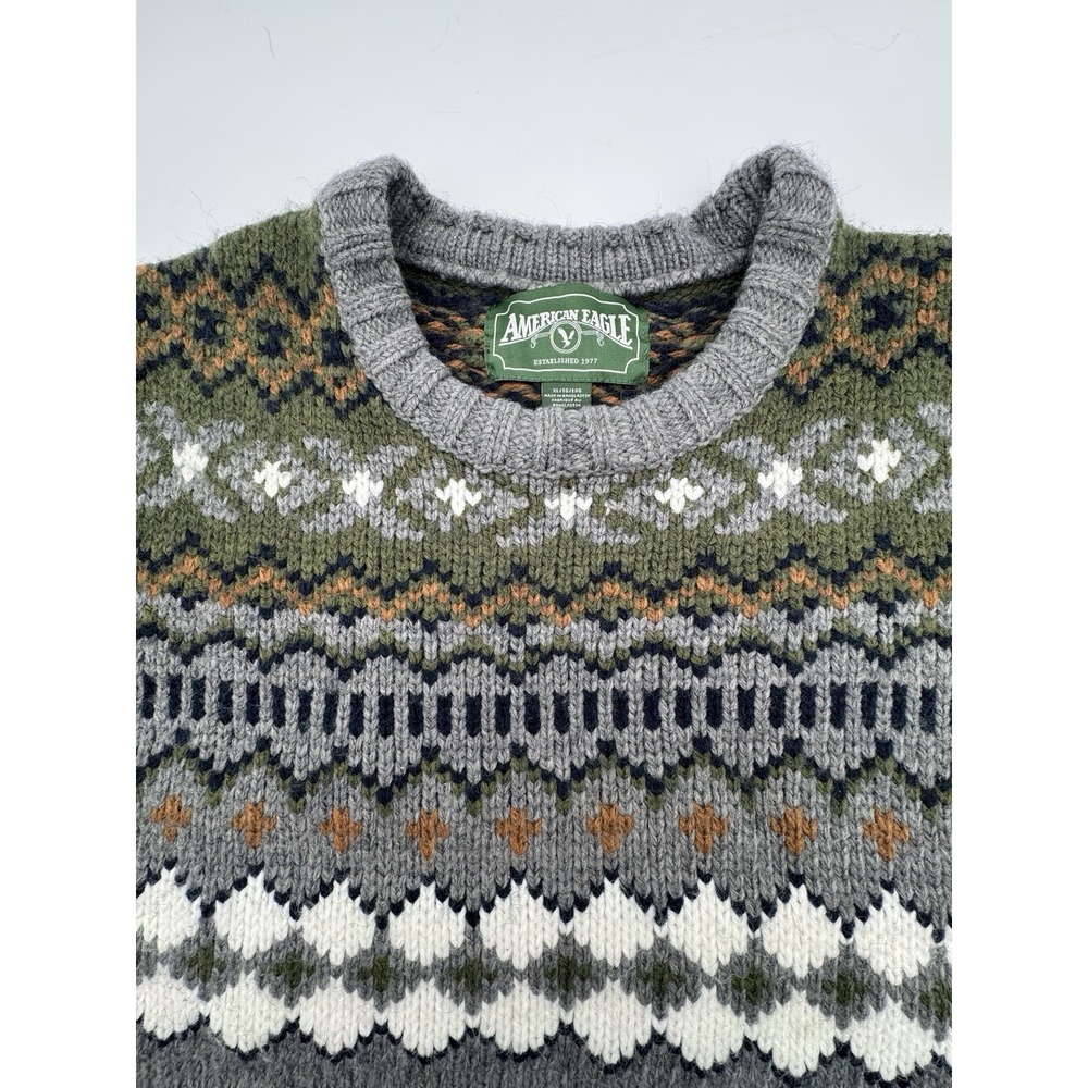 American Eagle Fair Isle Knit‎ Sweater Nordic Crewneck Mens XL Chunky Gray Green